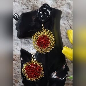 Handmade Red and Gold Crochet Wire Earrings.